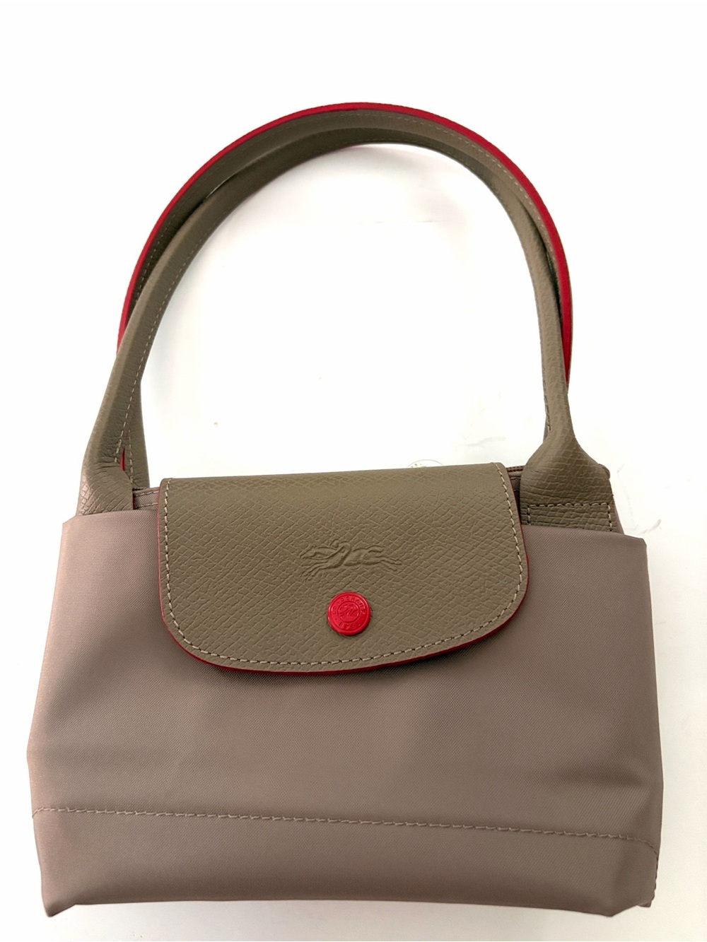 Longchamp Taupe Nylon Le Pliage Tote with Red Trim - Picture 17 of 17
